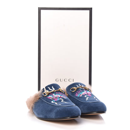 Gucci Velvet Fur Dragon Embroidered Mens Princetown Slippers 6 Zaffre Dark Zaffre 7 of 9