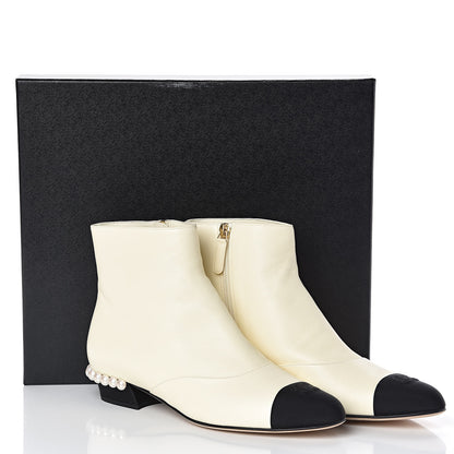 Chanel Lambskin Grosgrain Pearl Cap Toe Short Boots 40 Ivory Black 9 of 9