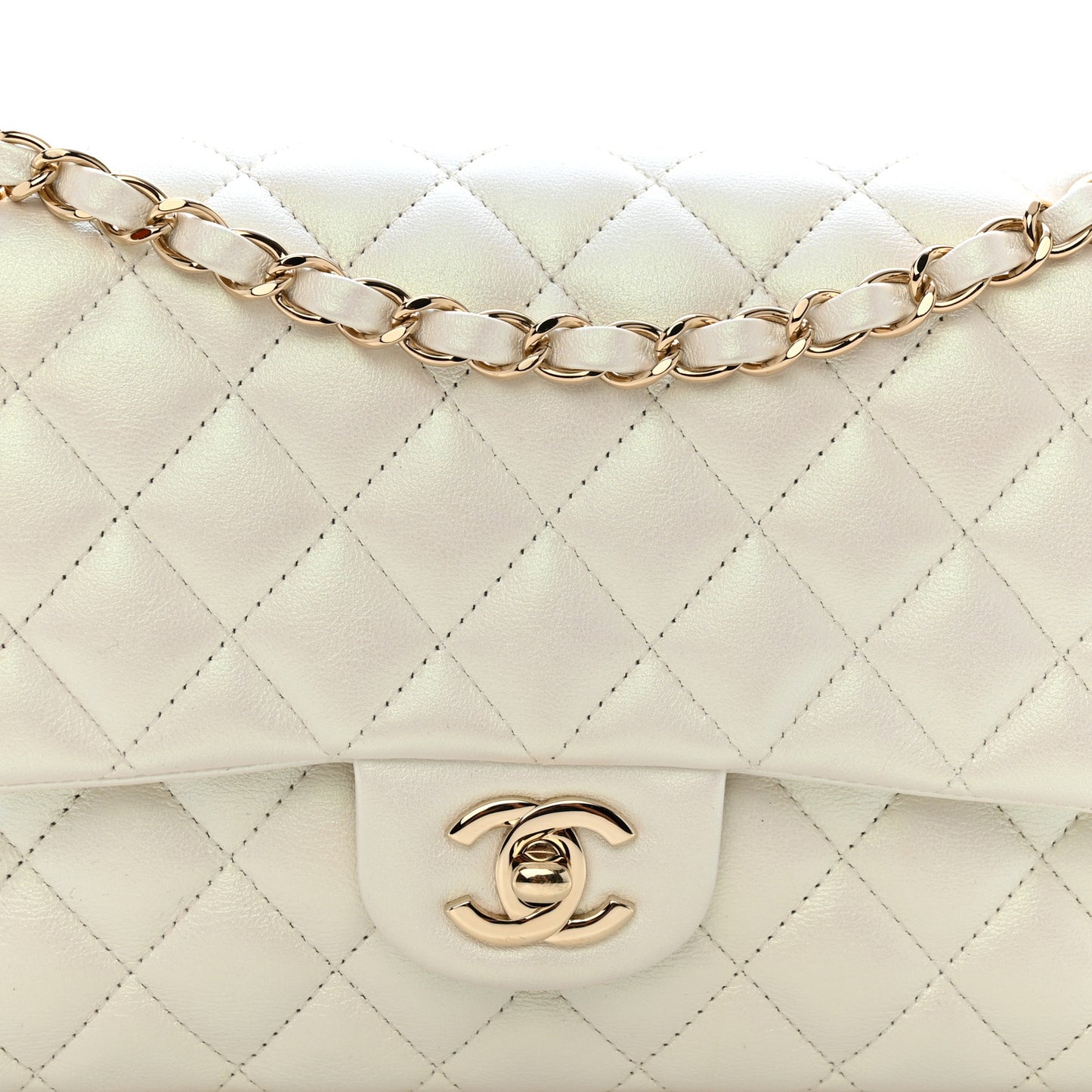 Iridescent Calfskin Quilted Medium Double Flap White