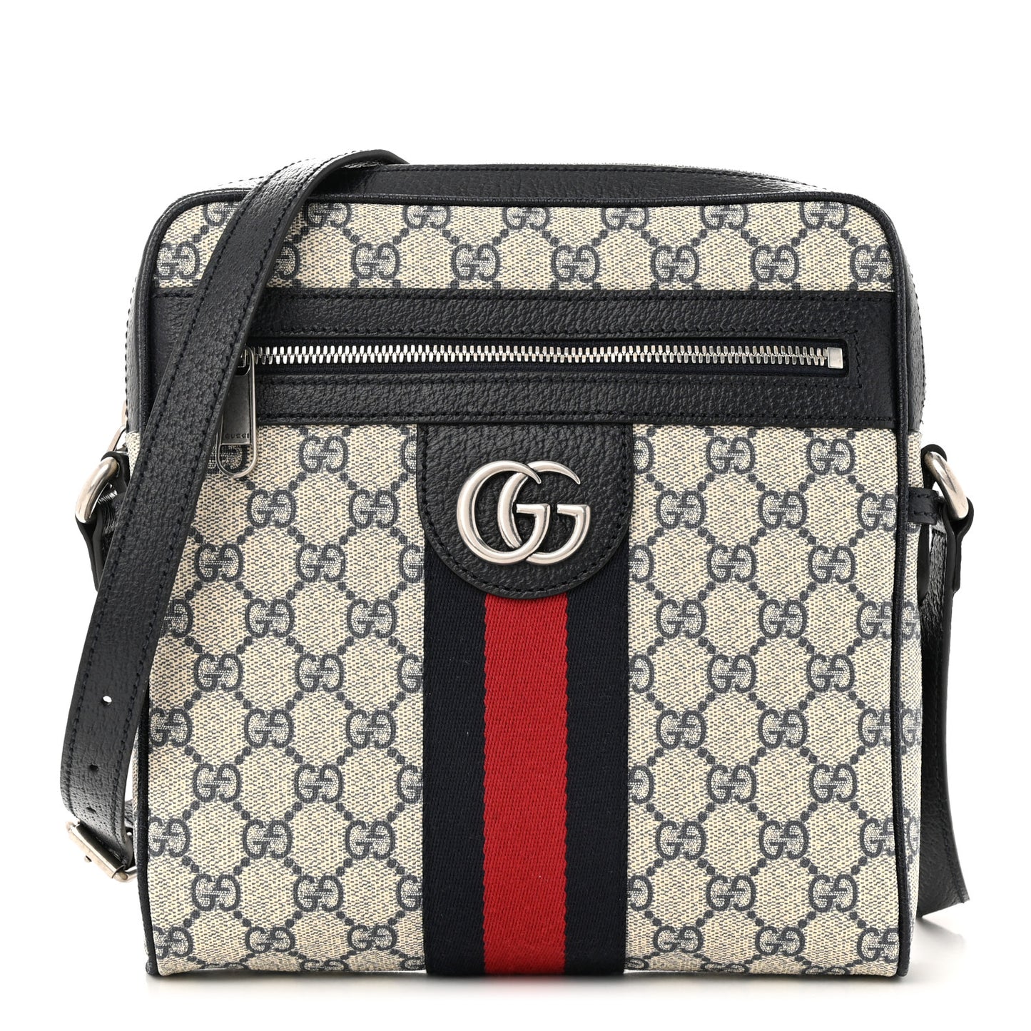 GG Supreme Monogram Textured Dollar Calfskin Web Small Ophidia Messenger Bag Beige Blue