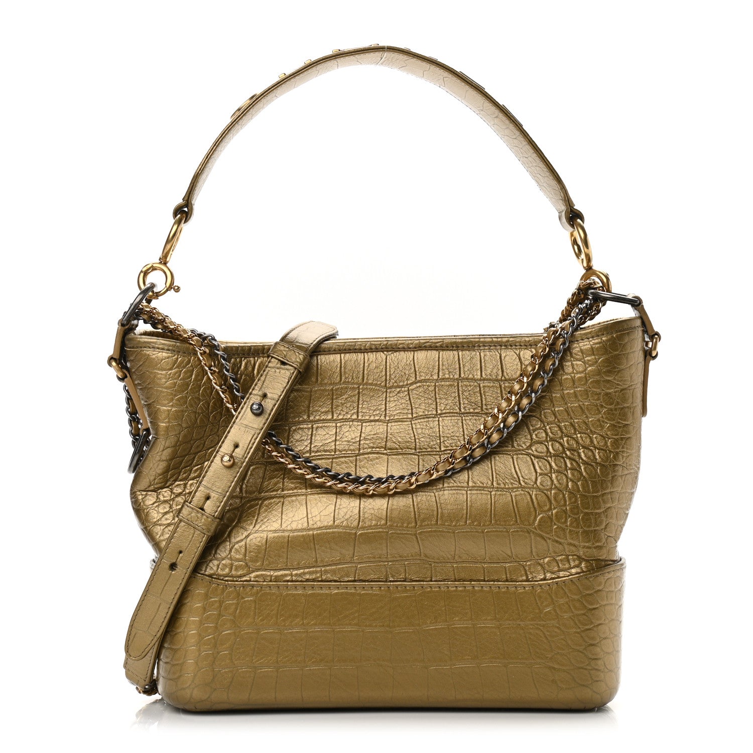 Chanel Metallic Calfskin Crocodile Embossed Medium Gabrielle Cocodile Hobo Gold 1 of 10