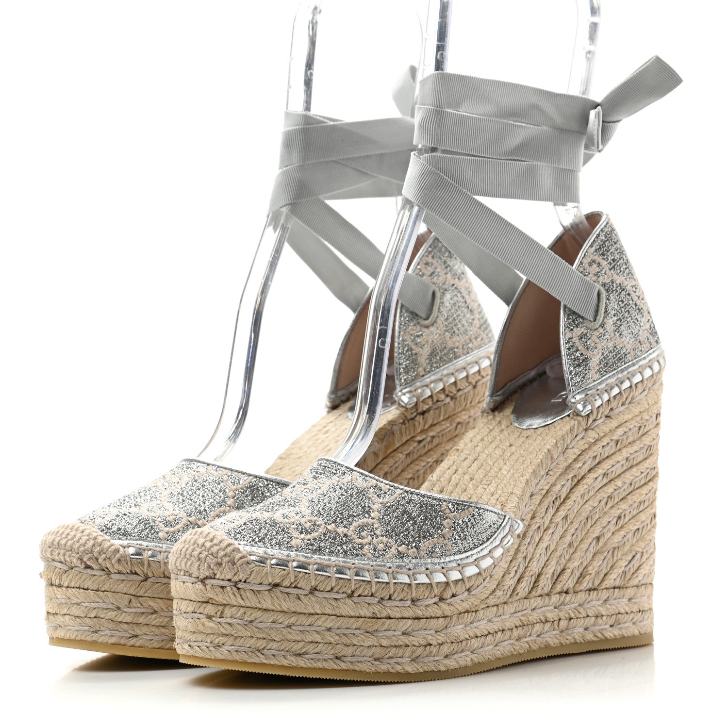 Gucci Lame GG Monogram Ankle Wrap Platform Espadrille Wedges 37.5 Silver Beige Light Grey 3 of 10