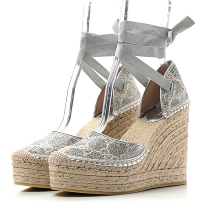 Gucci Lame GG Monogram Ankle Wrap Platform Espadrille Wedges 37.5 Silver Beige Light Grey 3 of 10