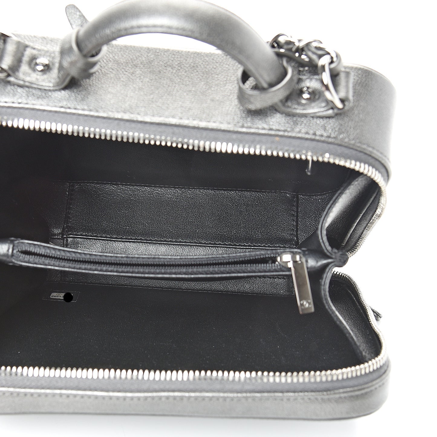 Metallic Caviar Quilted Medium CC Filigree Vanity Case Dark Silver