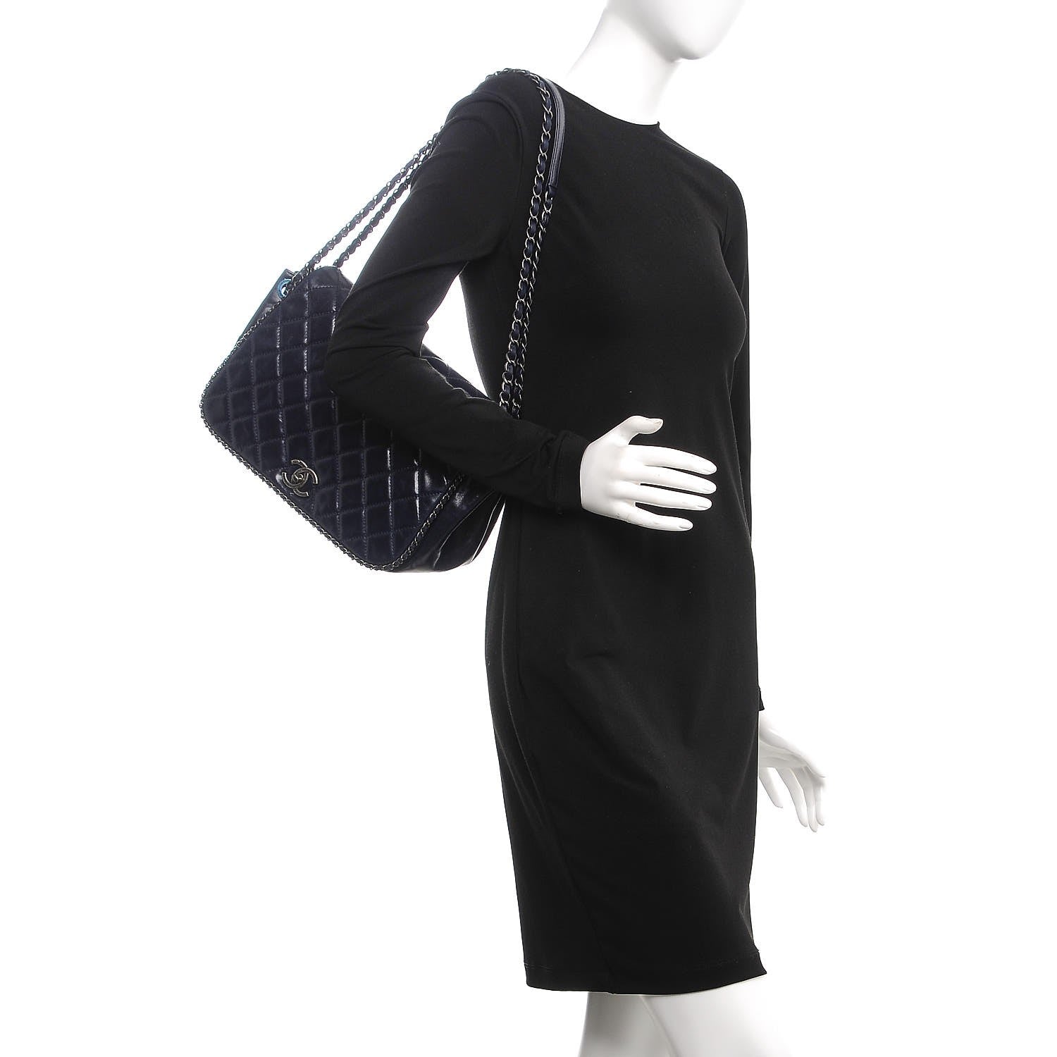 Chanel Glazed Calfskin Quilted Large CC Enchained Accordion Flap Dark Navy Blue 2 of 7