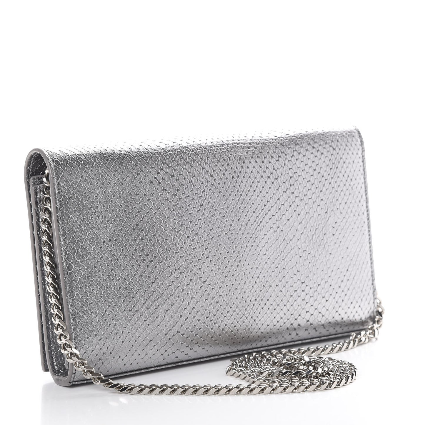 Metallic Calfskin Python Embossed Monogram Chain Wallet Silver