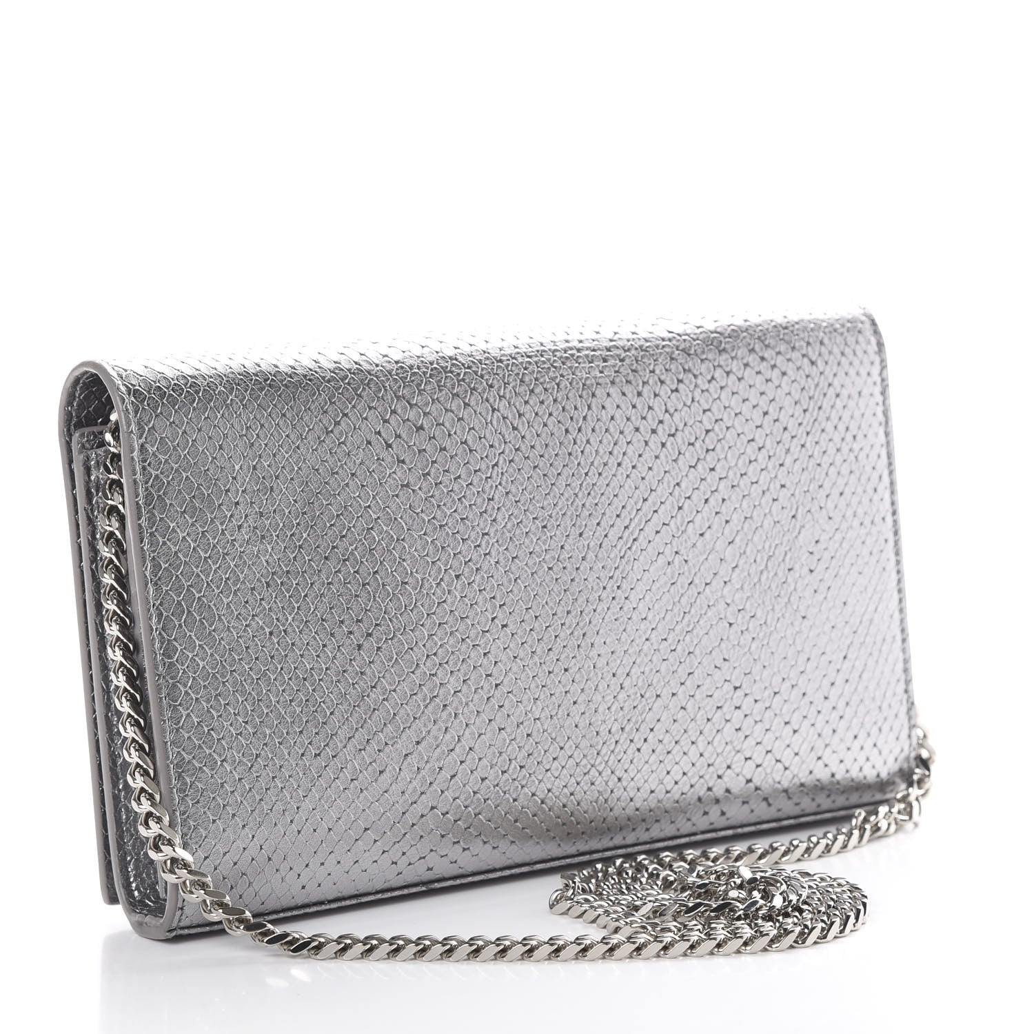 Saint Laurent Metallic Calfskin Python Embossed Monogram Chain Wallet Silver 2 of 13