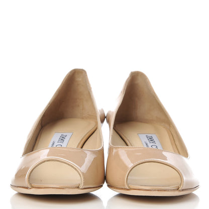 Jimmy Choo Patent Bergen Peep Toe Low Wedge Pumps 38.5 Beige 2 of 12