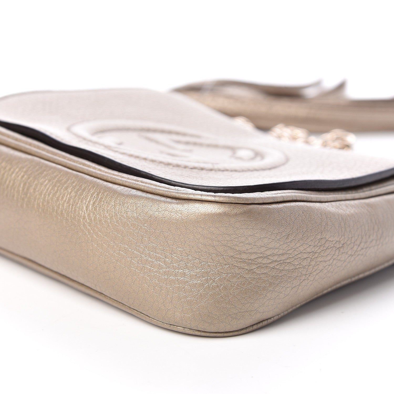 Gucci Metallic Pebbled Calfskin Small Soho Flap Crossbody Golden Beige 9 of 10
