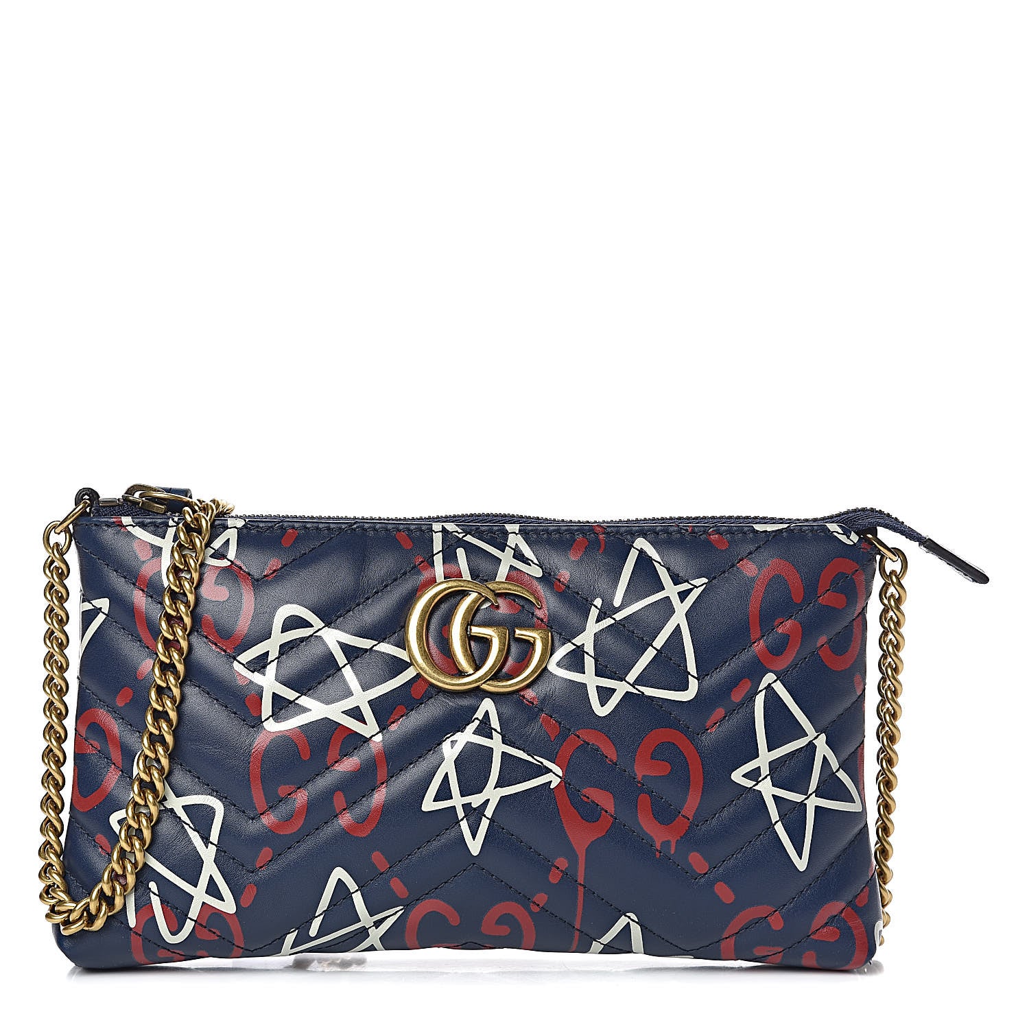 Gucci Calfskin Matelasse GucciGhost Mini GG Marmont Chain Bag Blue Agata Hibiscus Red 1 of 11