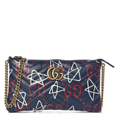 Gucci Calfskin Matelasse GucciGhost Mini GG Marmont Chain Bag Blue Agata Hibiscus Red 1 of 11
