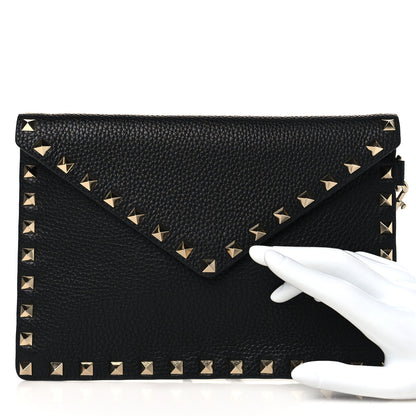 Valentino Garavani Pebbled Calfskin Medium Rockstud Envelope Flat Wristlet Pouch Black 2 of 7