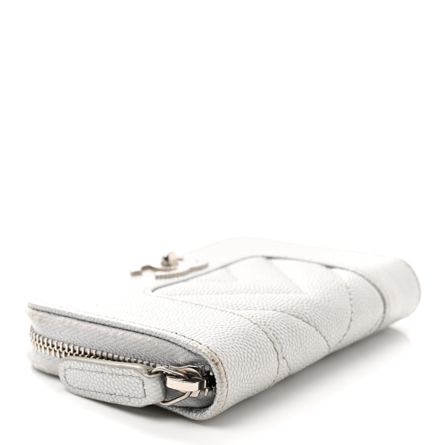 Metallic Caviar Chevron Quilted Vintage Mademoiselle Zip Coin Purse Silver