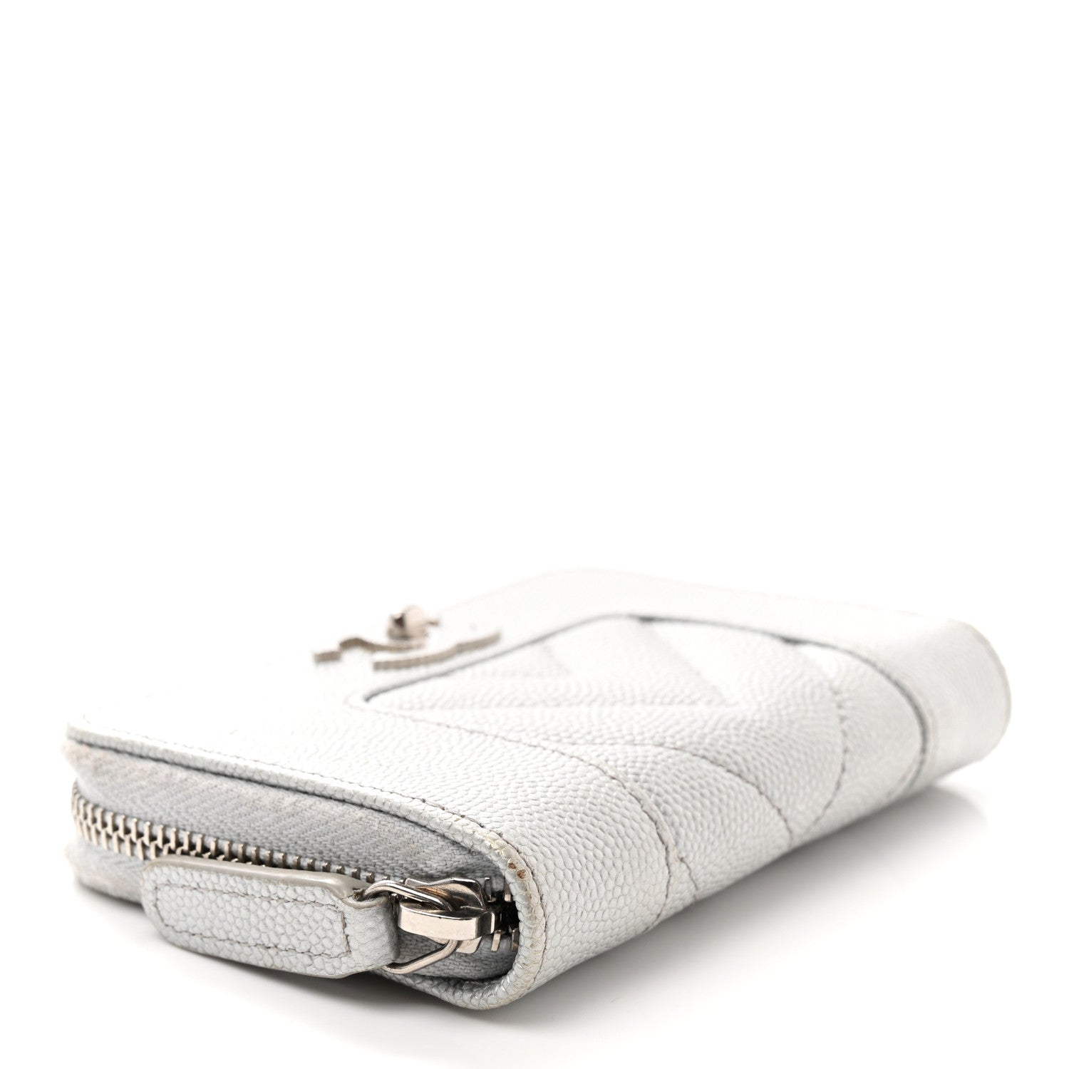 Chanel Metallic Caviar Chevron Quilted Vintage Mademoiselle Zip Coin Purse Silver 4 of 10