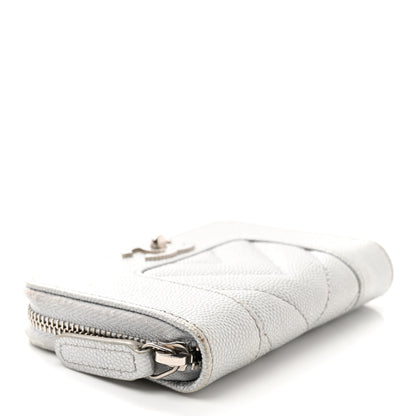 Chanel Metallic Caviar Chevron Quilted Vintage Mademoiselle Zip Coin Purse Silver 4 of 10