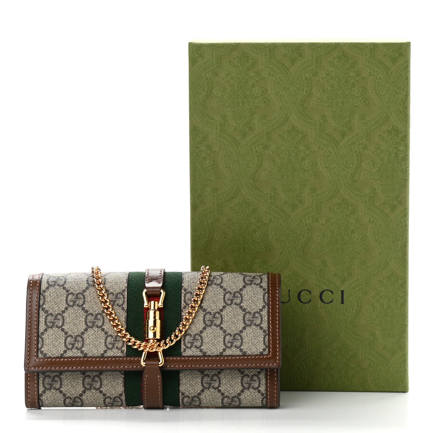 Gucci GG Supreme Monogram Azalea Calfskin Web Jackie 1961 Chain Wallet Beige Ebony Brown Sugar 11 of 11