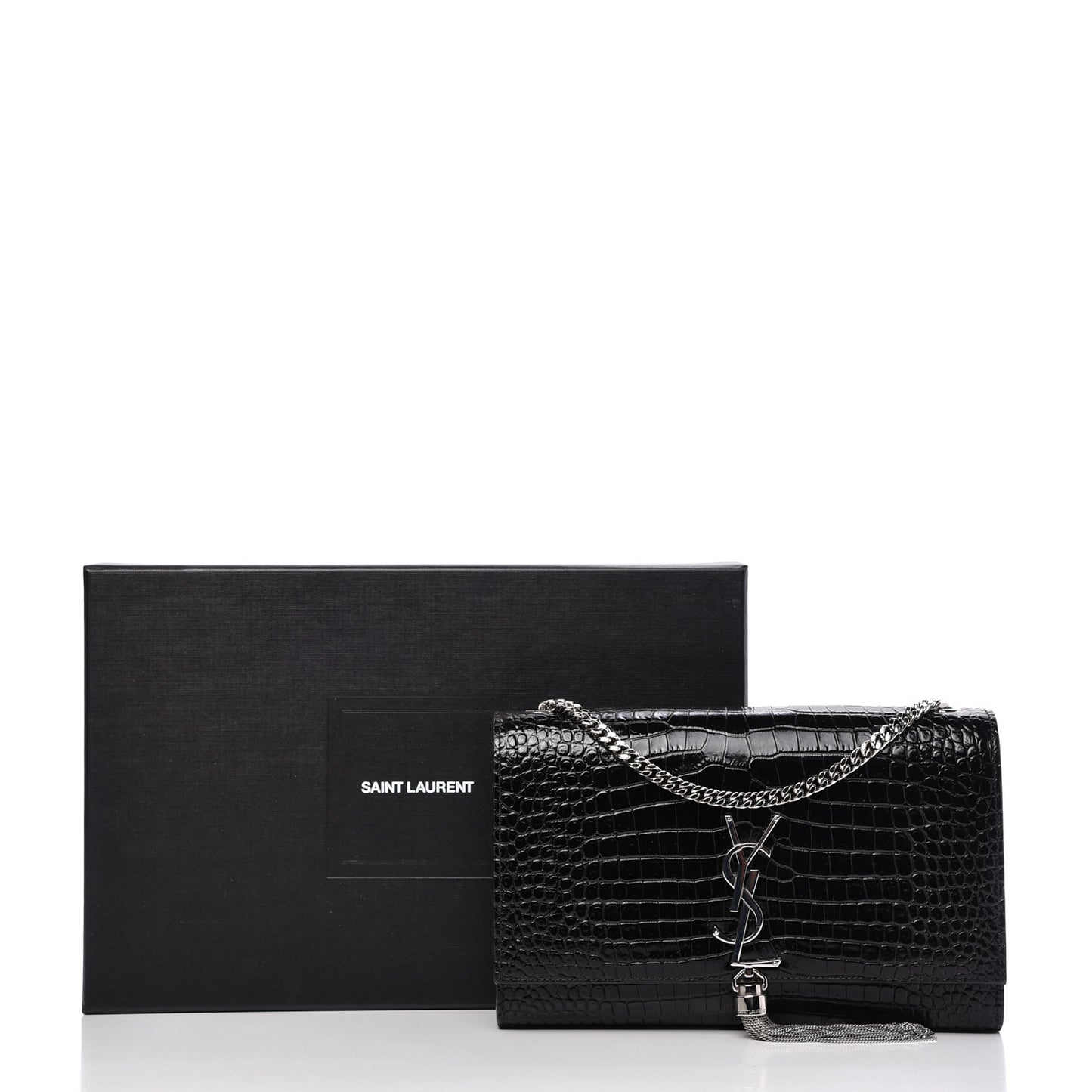 Calfskin Crocodile Embossed Medium Classic Monogram Kate Tassel Satchel Black