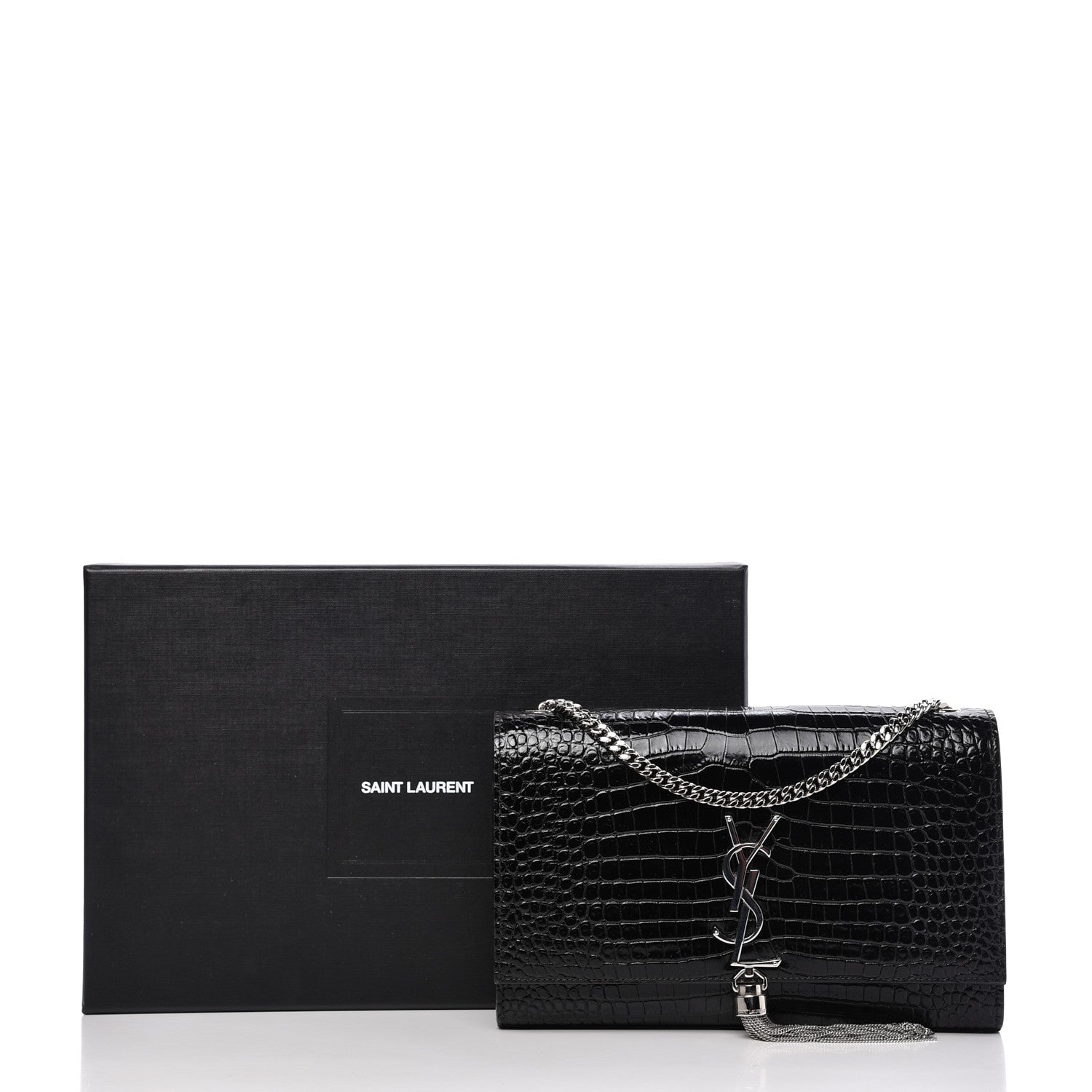 Saint Laurent Calfskin Crocodile Embossed Medium Classic Monogram Kate Tassel Satchel Black 9 of 9