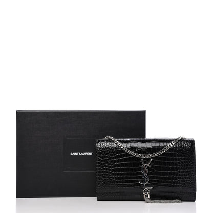 Saint Laurent Calfskin Crocodile Embossed Medium Classic Monogram Kate Tassel Satchel Black 9 of 9