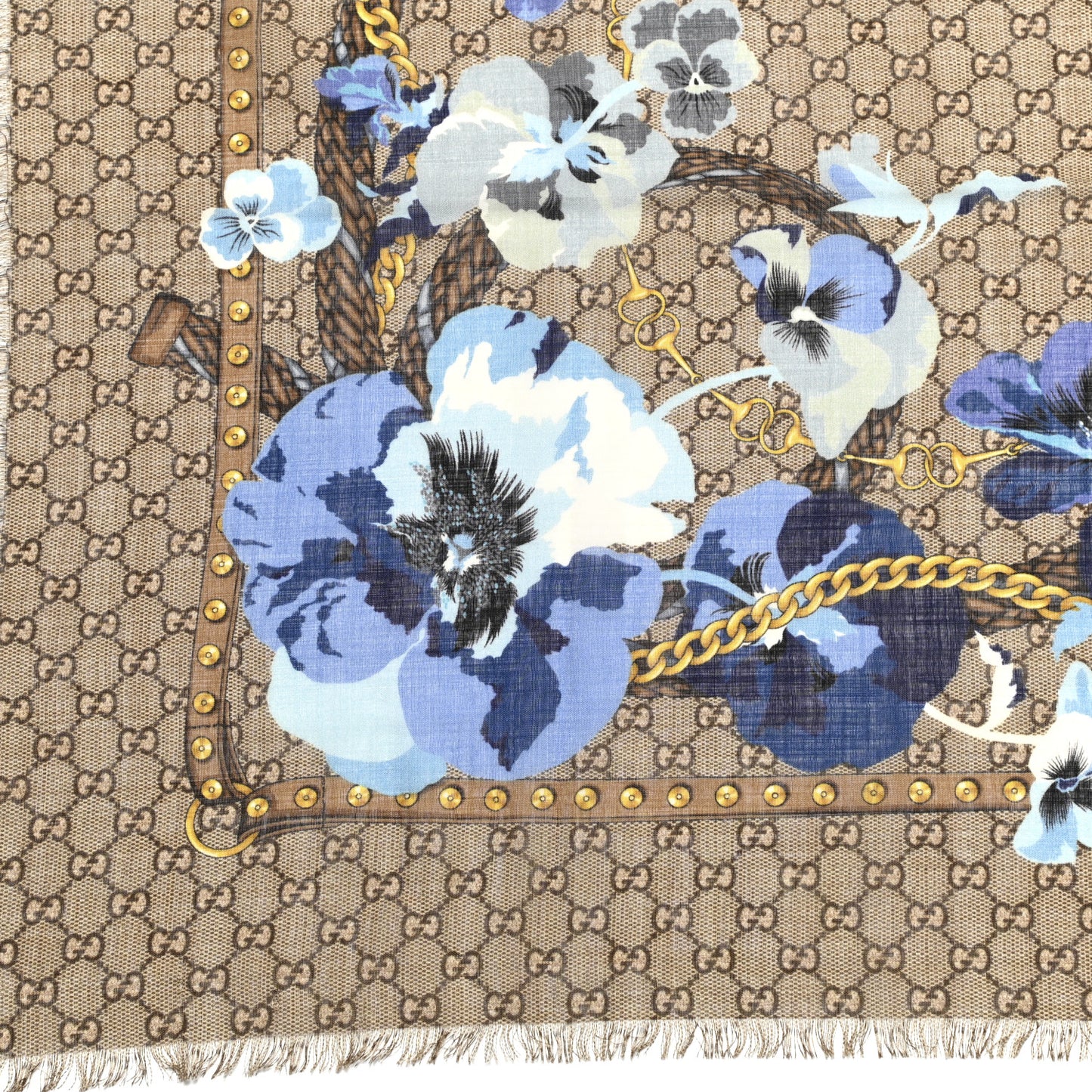 Wool Jacquard GG Monogram Big Panshie Fringe Shawl Sapphire Beige