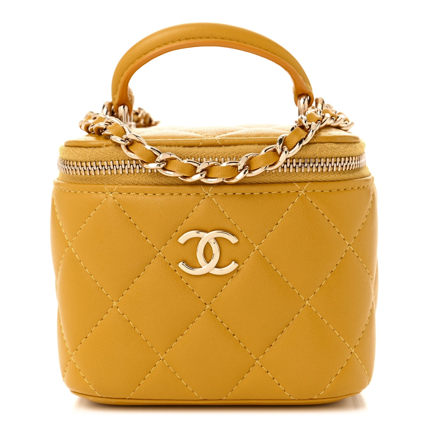Lambskin Quilted Top Handle Mini Vanity Case With Chain Yellow