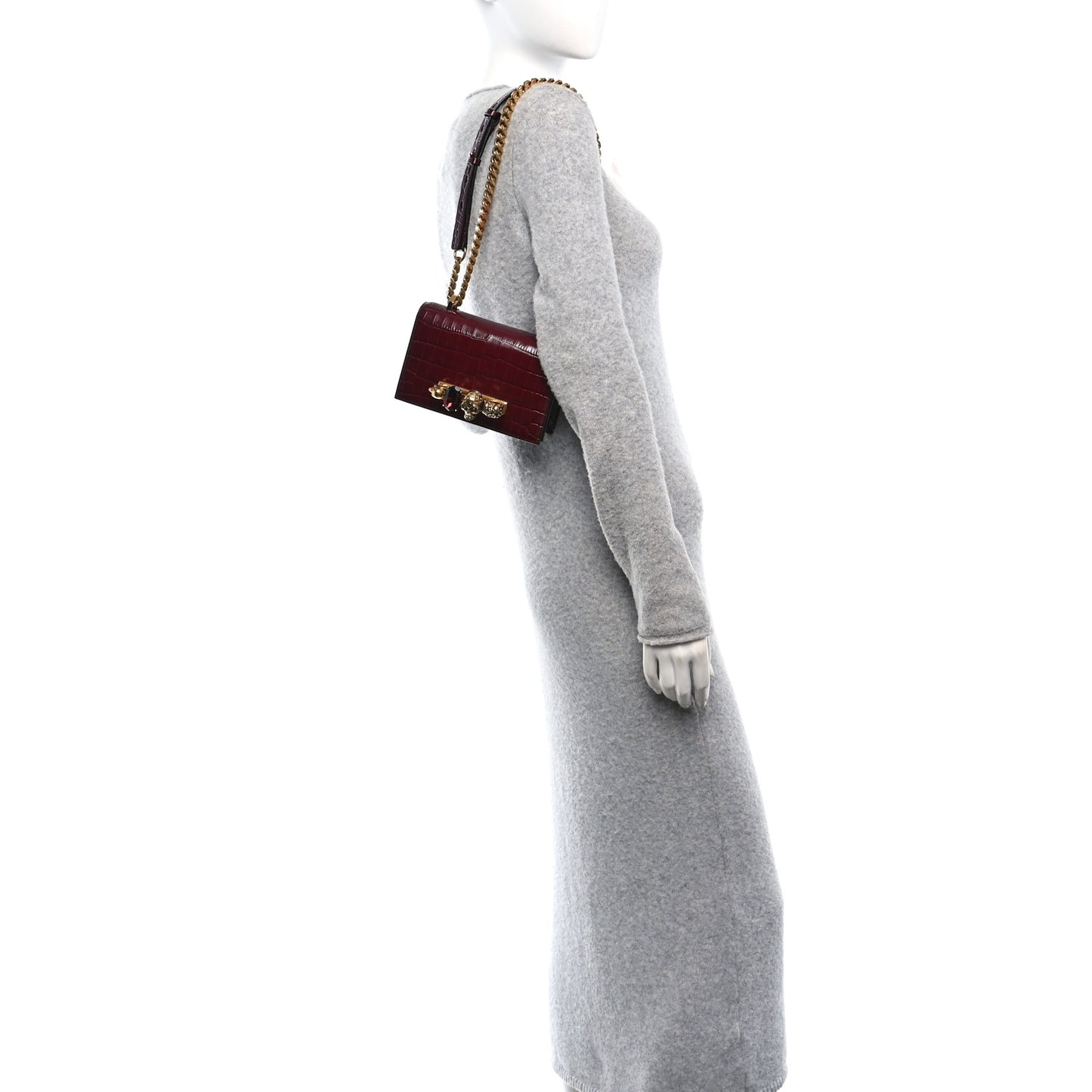 Shiny Crocodile Embossed Jeweled Satchel Madder