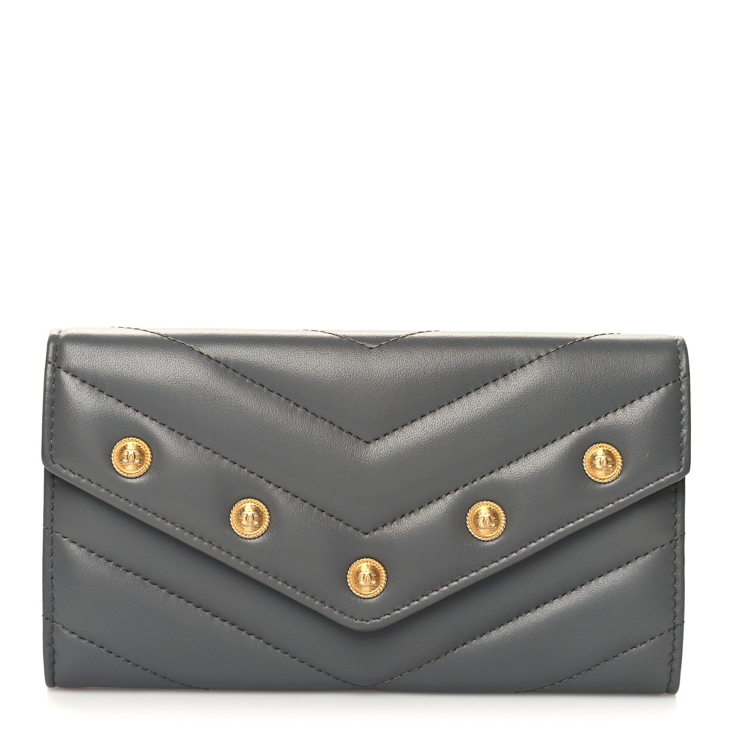 Chanel Lambskin Chevron Quilted Medallion Gusset Wallet Grey 1 of 9