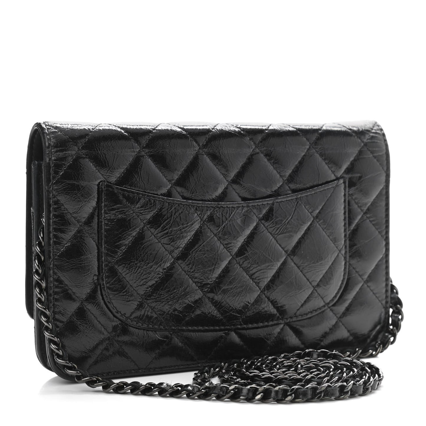 Distressed Patent Calfskin Quilted Reissue Wallet On Chain WOC Black