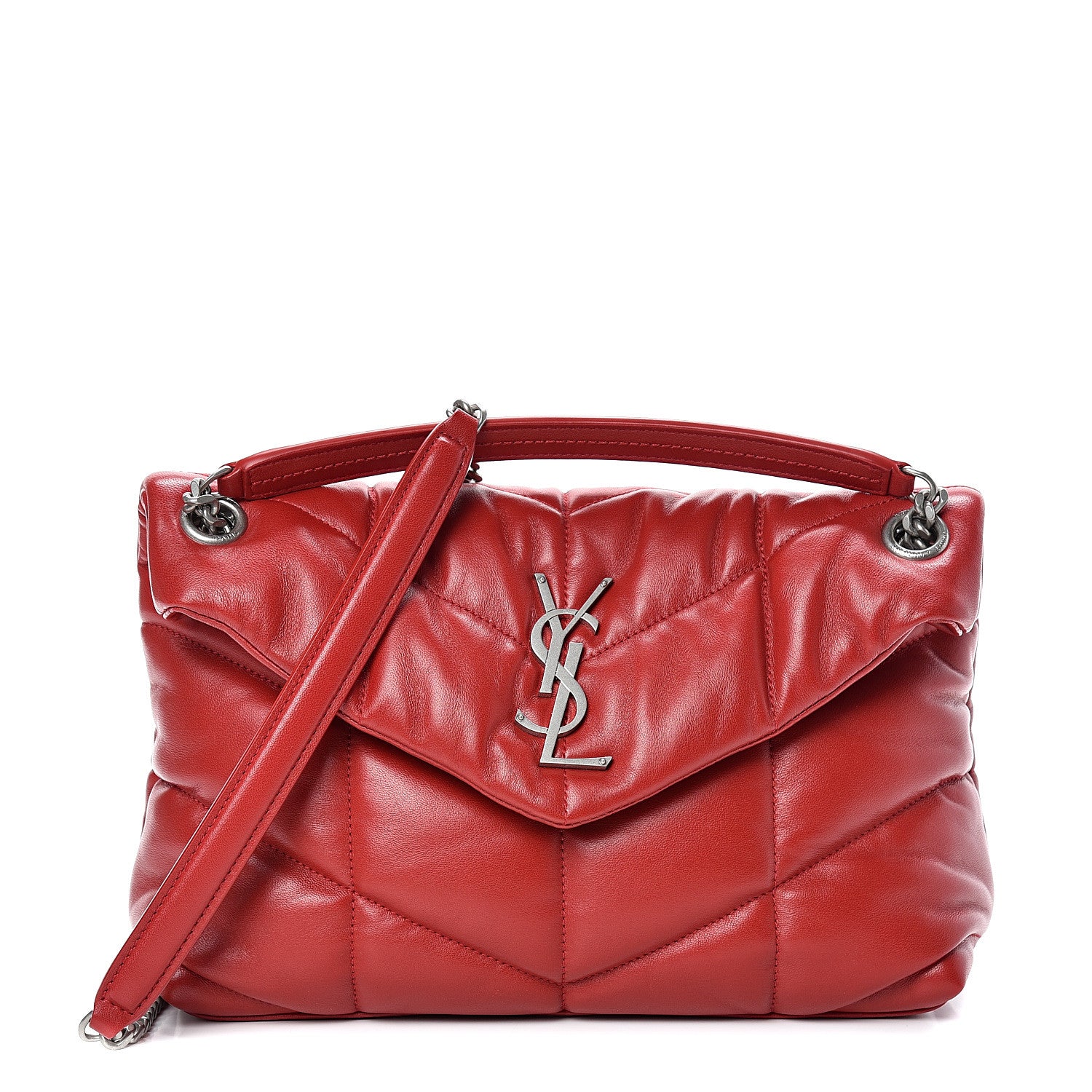 Saint Laurent Lambskin Quilted Small Loulou Puffer Monogram Chain Satchel Red 1 of 9