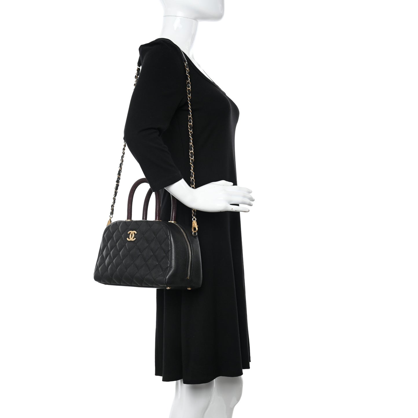 Caviar Lizard Quilted Coco Handle Bowler Black