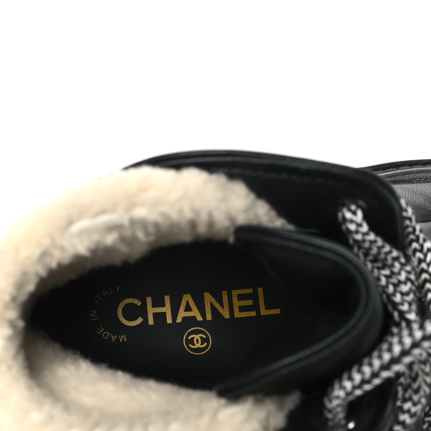 Chanel Lambskin Shearling Suede CC High Lace Up Boots 38 Black 7 of 8
