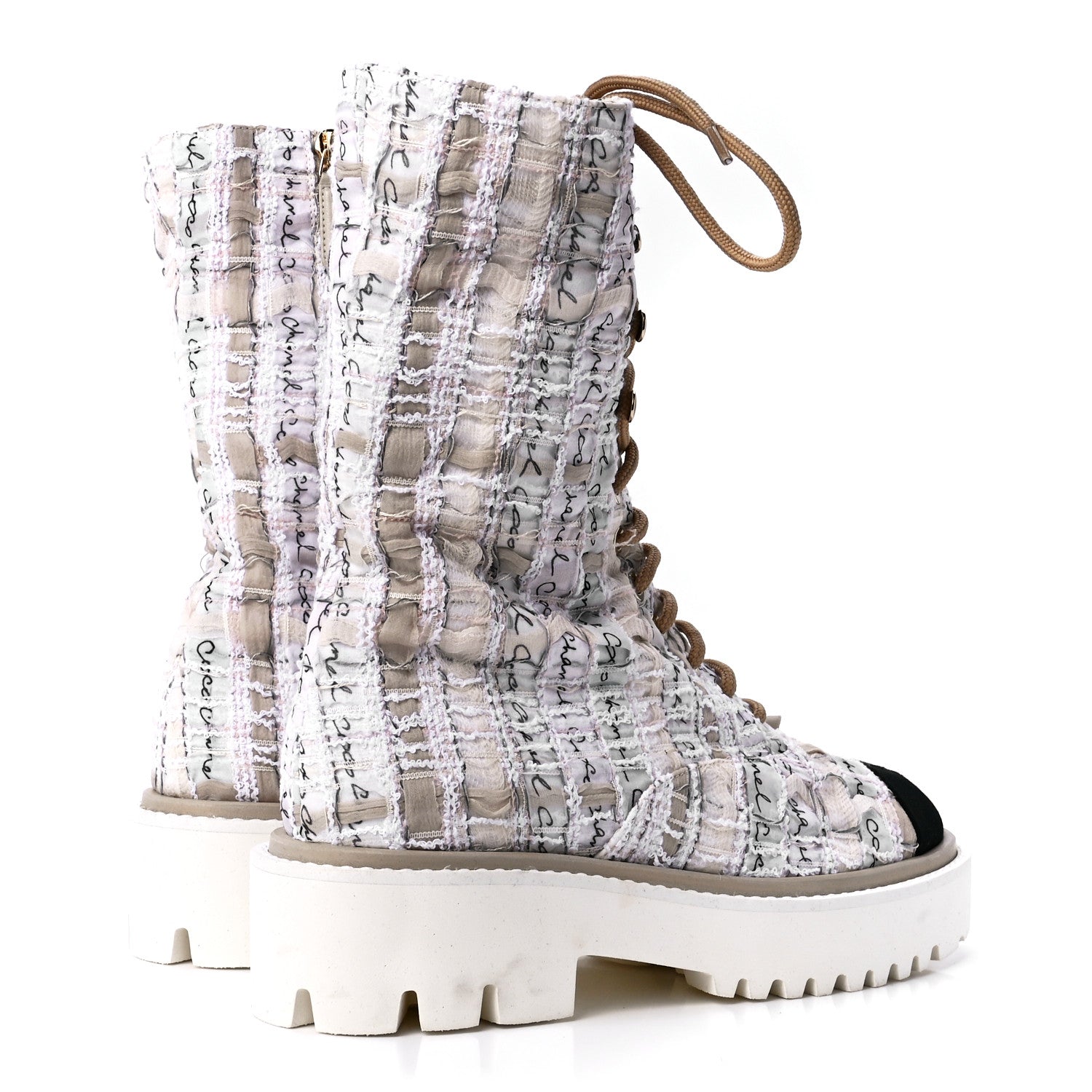 Chanel Tweed Grosgrain Cap Toe Lace Up Combat Boots 37 Multicolor 4 of 8