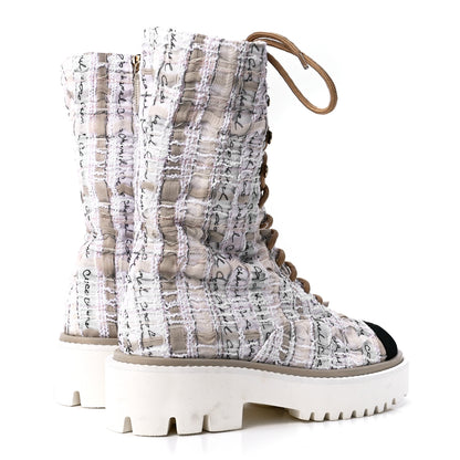 Chanel Tweed Grosgrain Cap Toe Lace Up Combat Boots 37 Multicolor 4 of 8
