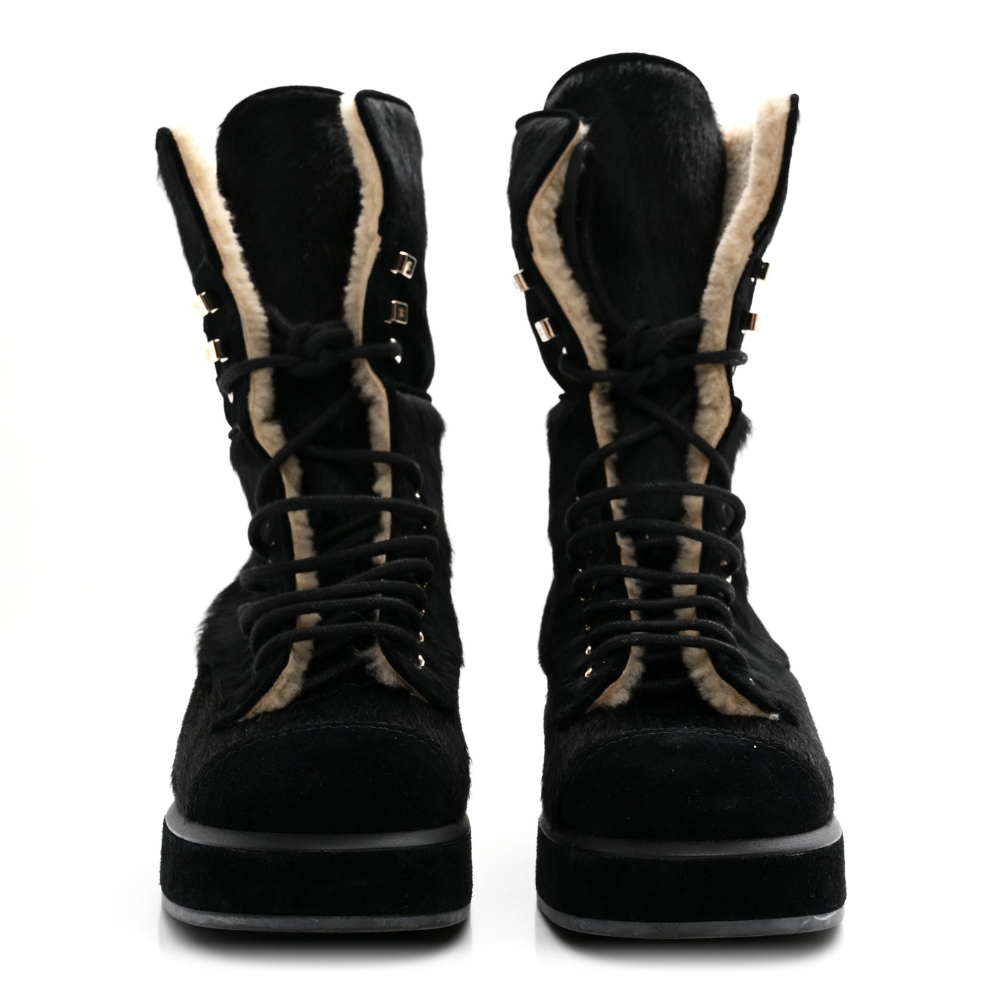 Suede Pony Hair Shearling Lace Up Combat Boots 37.5 Black White