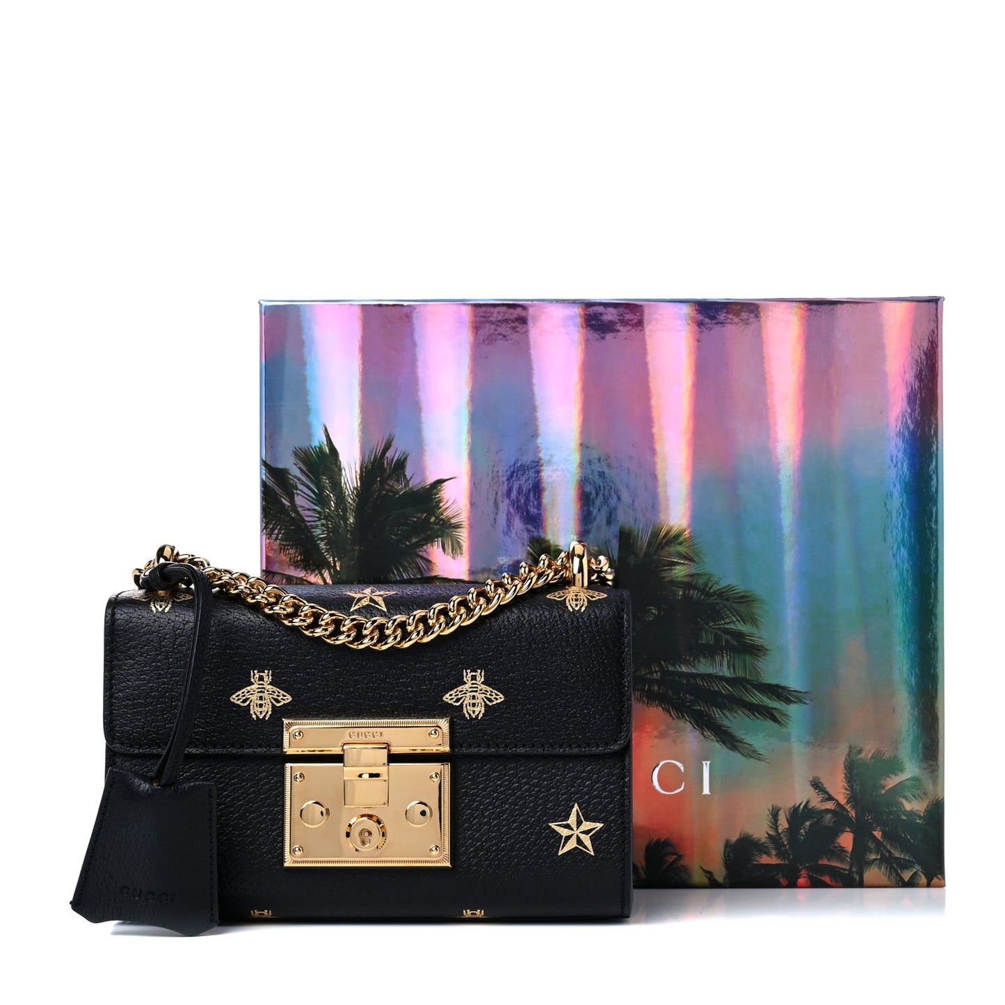 Grained Calfskin Bee Star Small Padlock Shoulder Bag Black