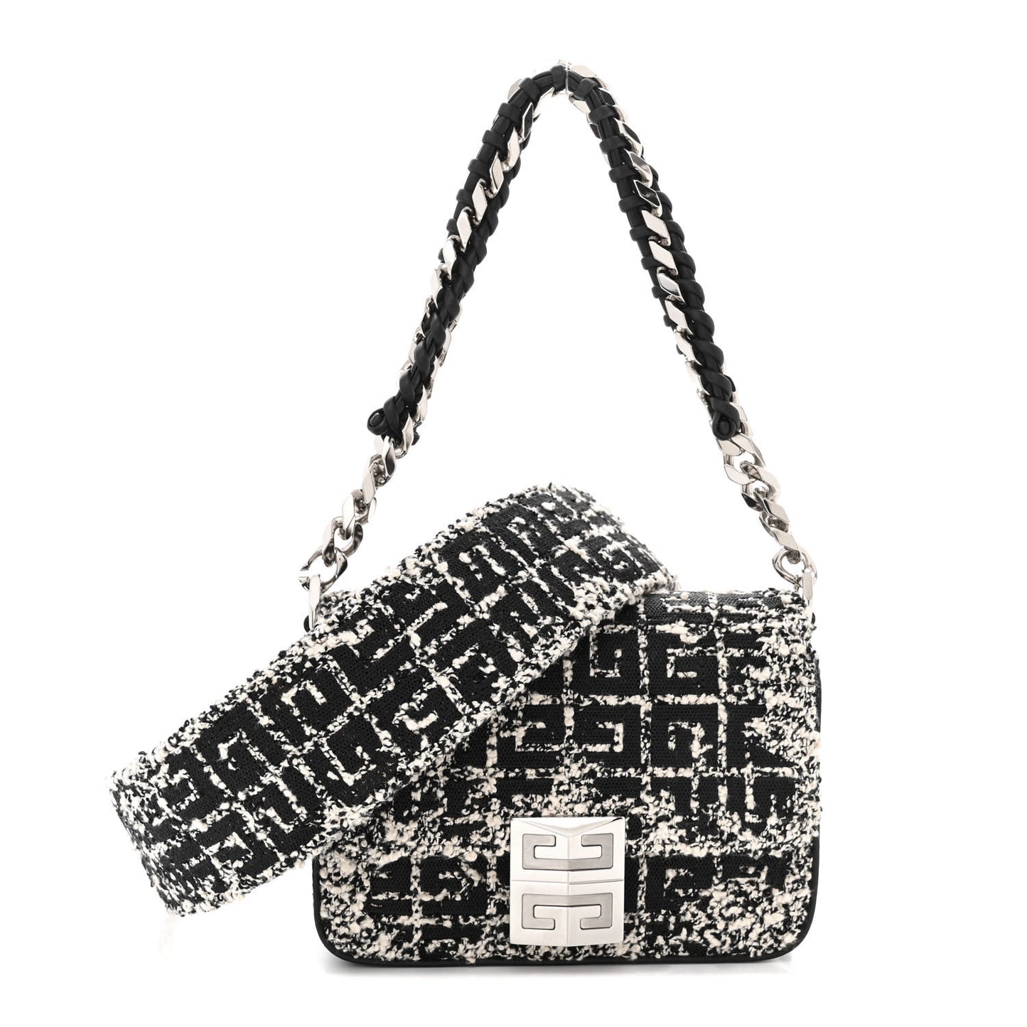 Boucle Tweed Embroidered Small 4G Woven Chain Crossbody Black