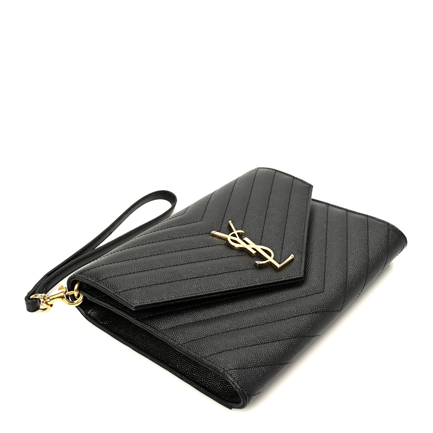 Saint Laurent Grain De Poudre Matelasse Chevron Monogram Cassandre Flap Pouch Black 4 of 9
