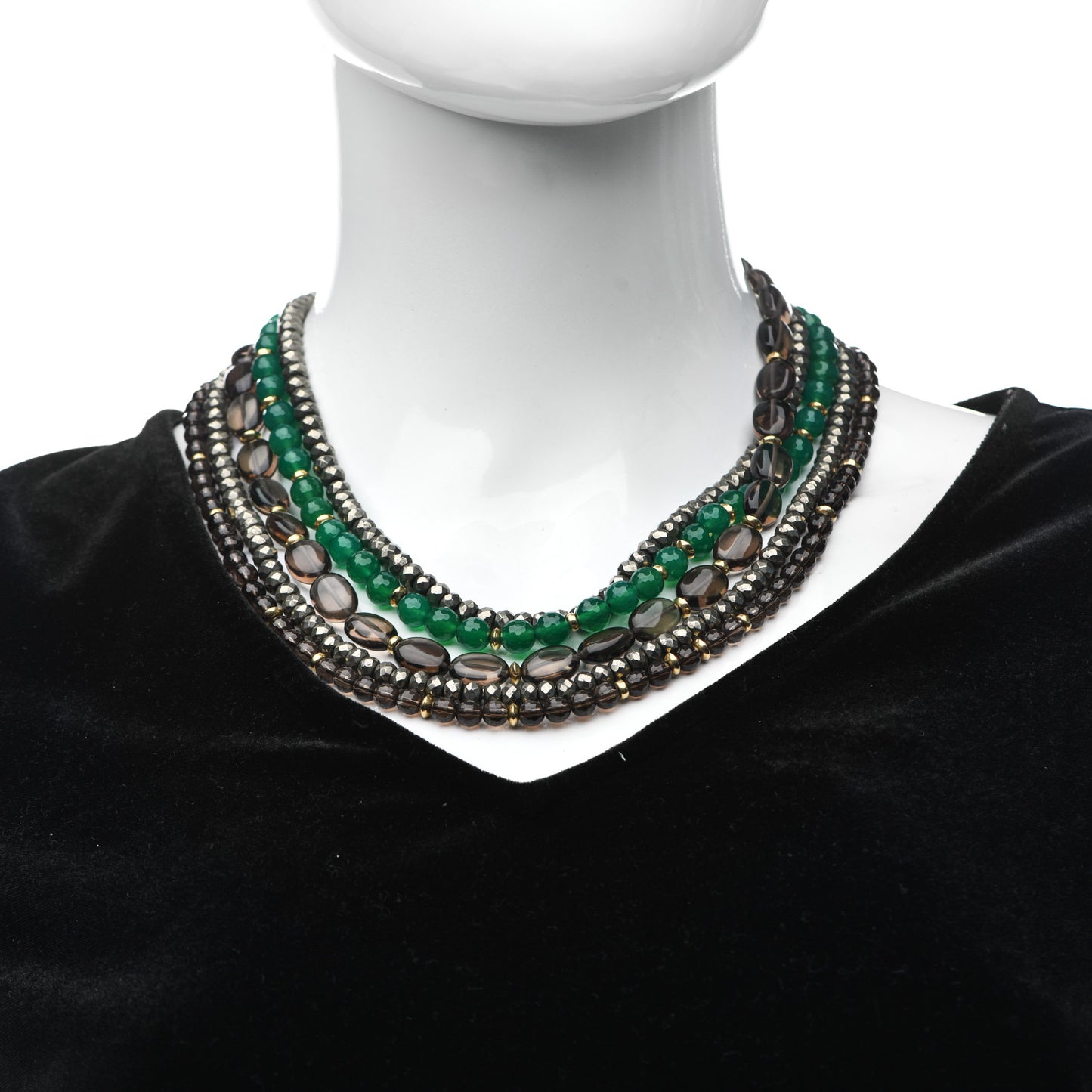 18K Yellow Gold Green Onyx Smoky Quartz Pyrite Signature Multi Strand Necklace