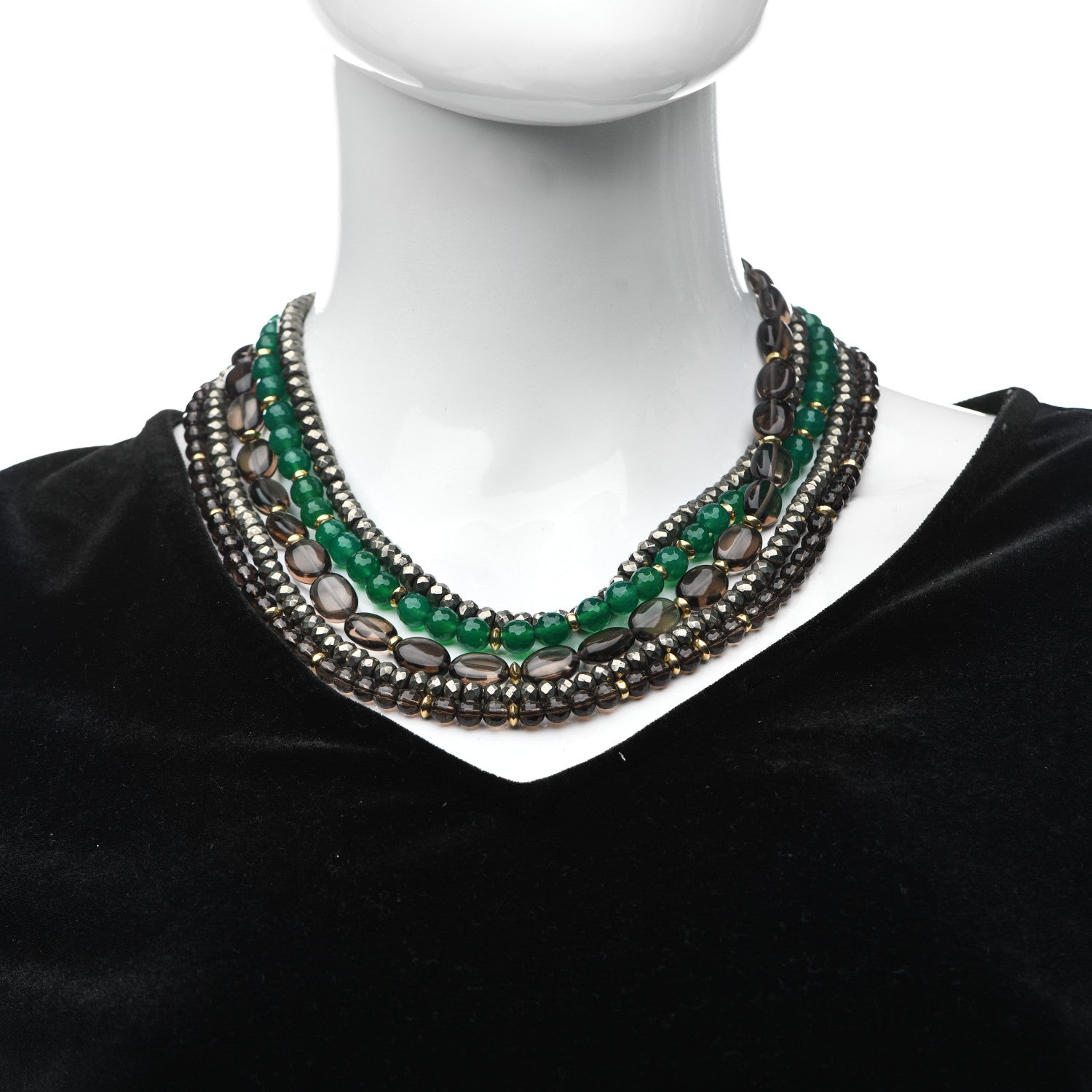 David Yurman 18K Yellow Gold Green Onyx Smoky Quartz Pyrite Signature Multi Strand Necklace 2 of 5