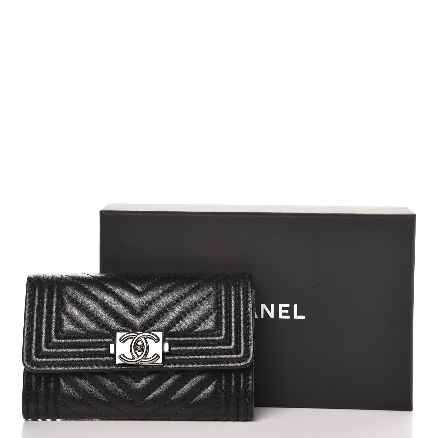 Lambskin Chevron Quilted Boy Card Holder Wallet Black