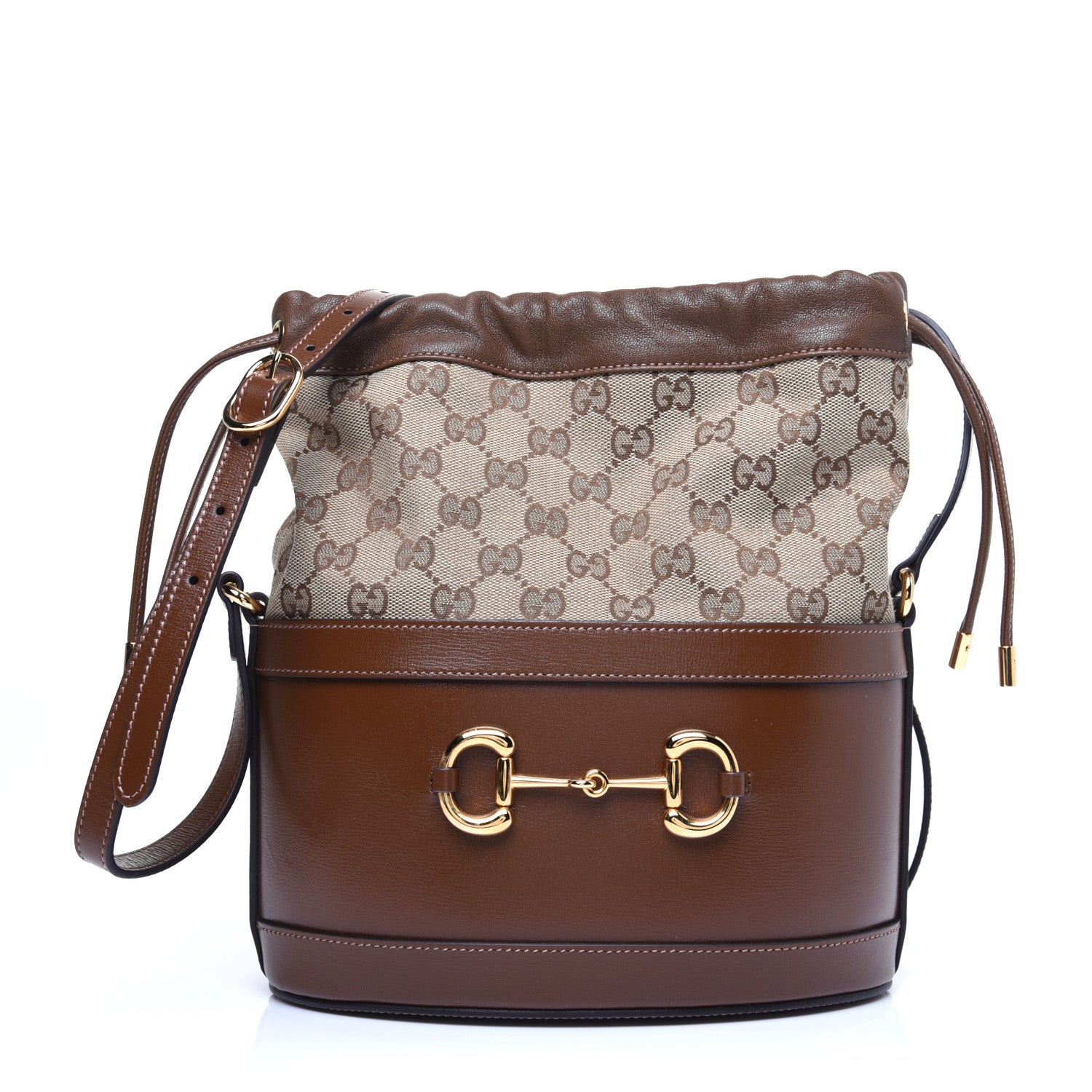 Gucci Monogram Textured Calfskin Horsebit 1955 Drawstring Bucket Bag Beige Brown Sugar 1 of 12