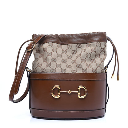 Gucci Monogram Textured Calfskin Horsebit 1955 Drawstring Bucket Bag Beige Brown Sugar 1 of 12