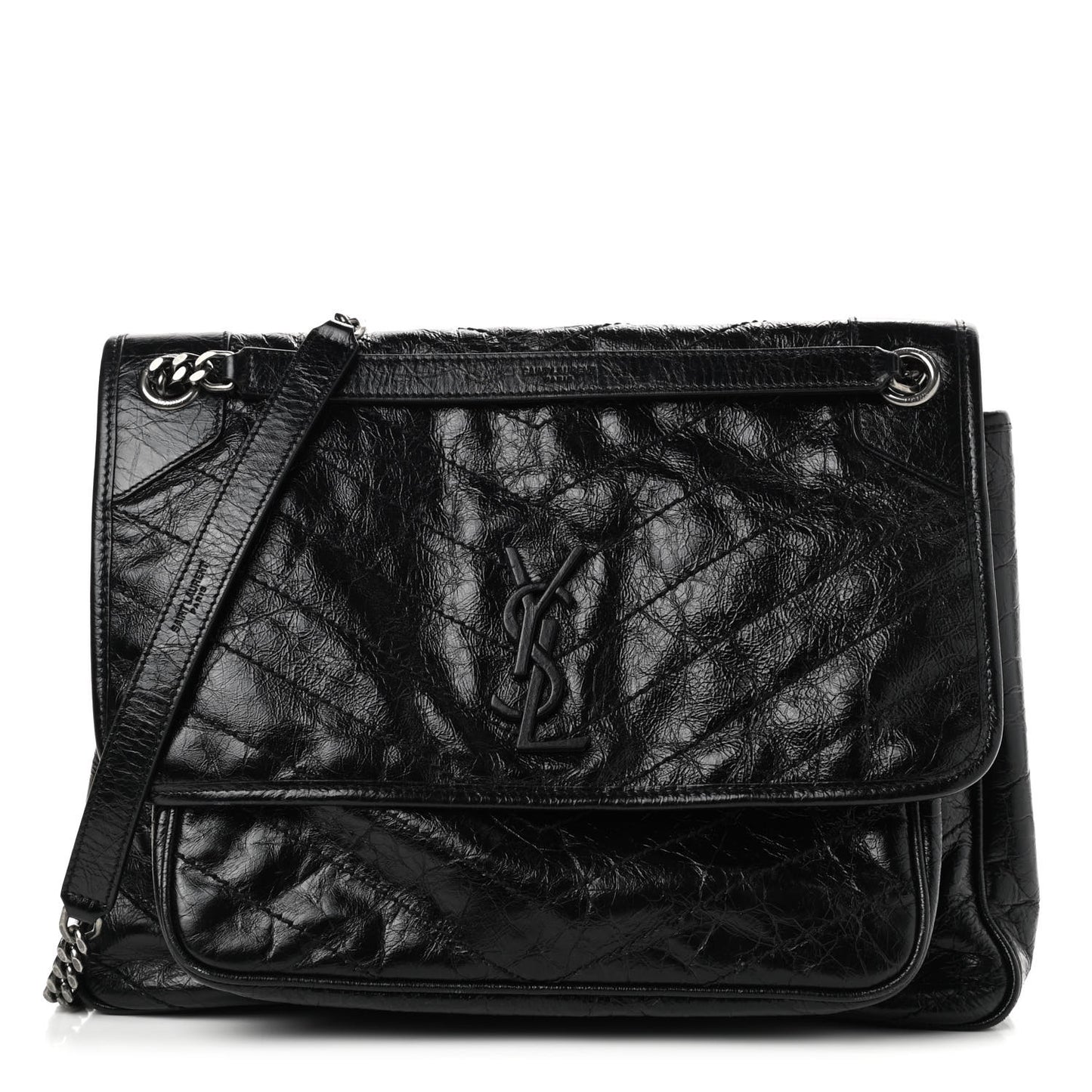 Crinkled Calfskin Matelasse Monogram Large Niki Chain Satchel Black