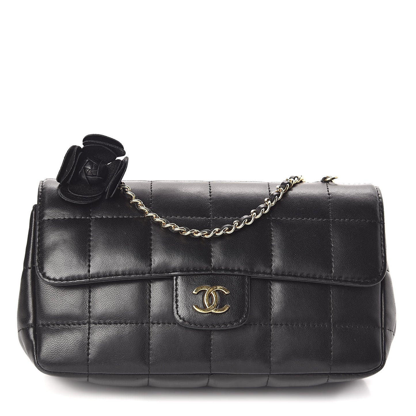 Lambskin Quilted Mini Chocolate Bar Camellia Flap Black