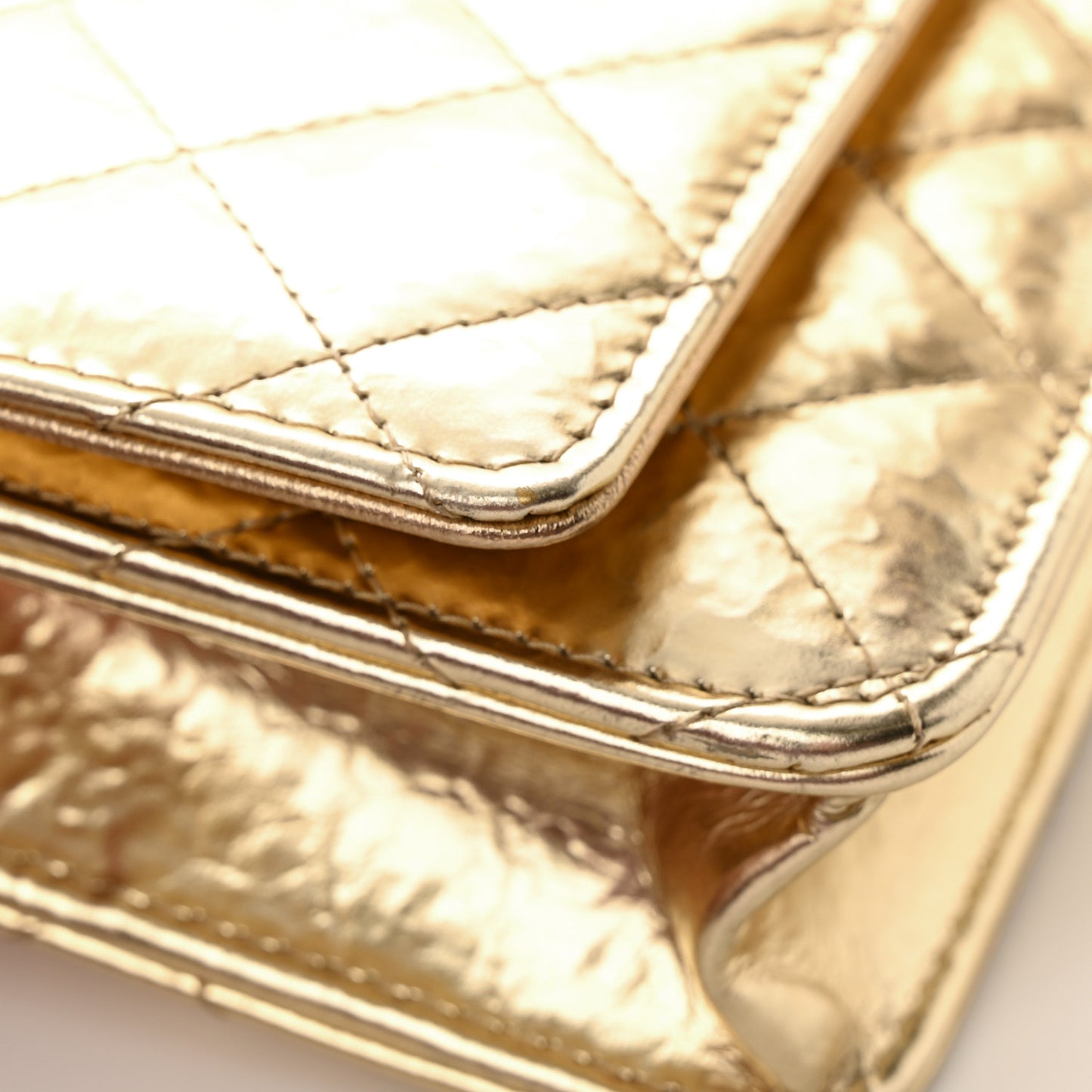 Hammered Metallic Calfskin Quilted Wallet On Chain WOC Gold