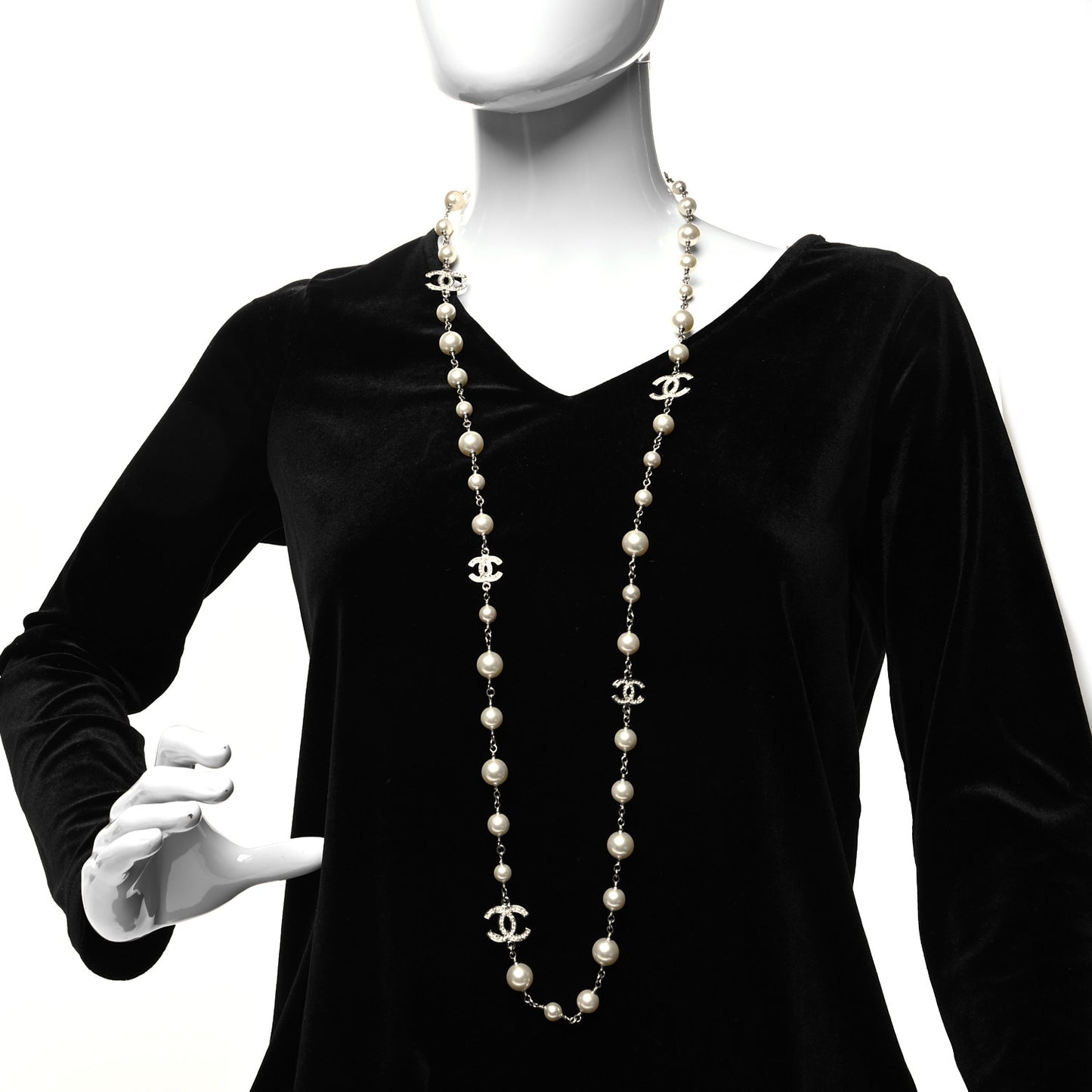 Graduated Pearl Crystal CC Long Necklace Silver