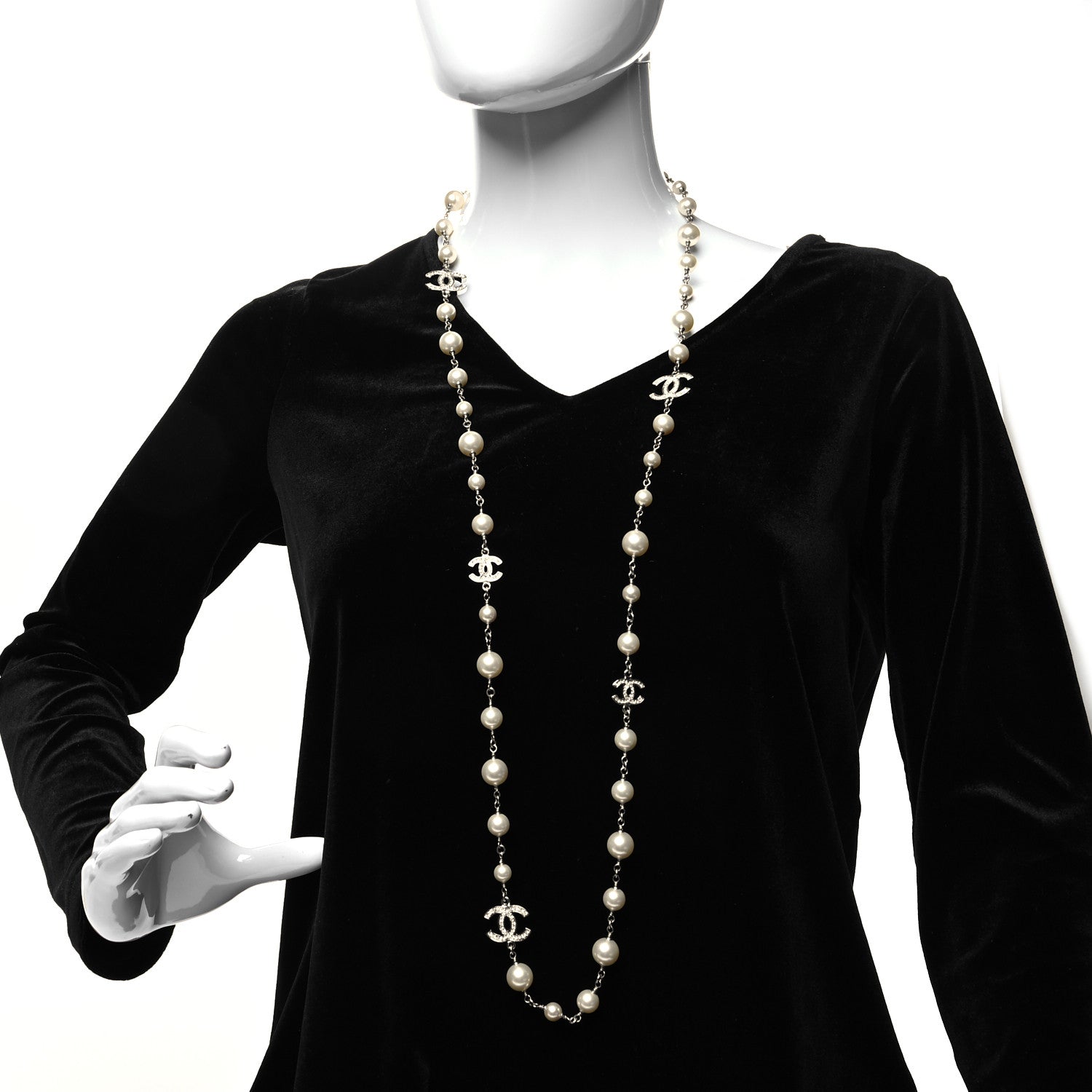 Chanel Graduated Pearl Crystal CC Long Necklace Silver 2 of 5