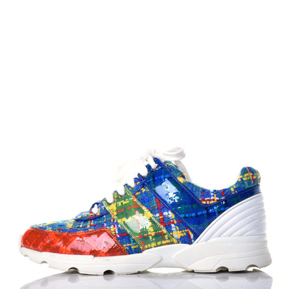 Chanel Tweed Calfskin Sneakers 41 Red Yellow Blue 1 of 8