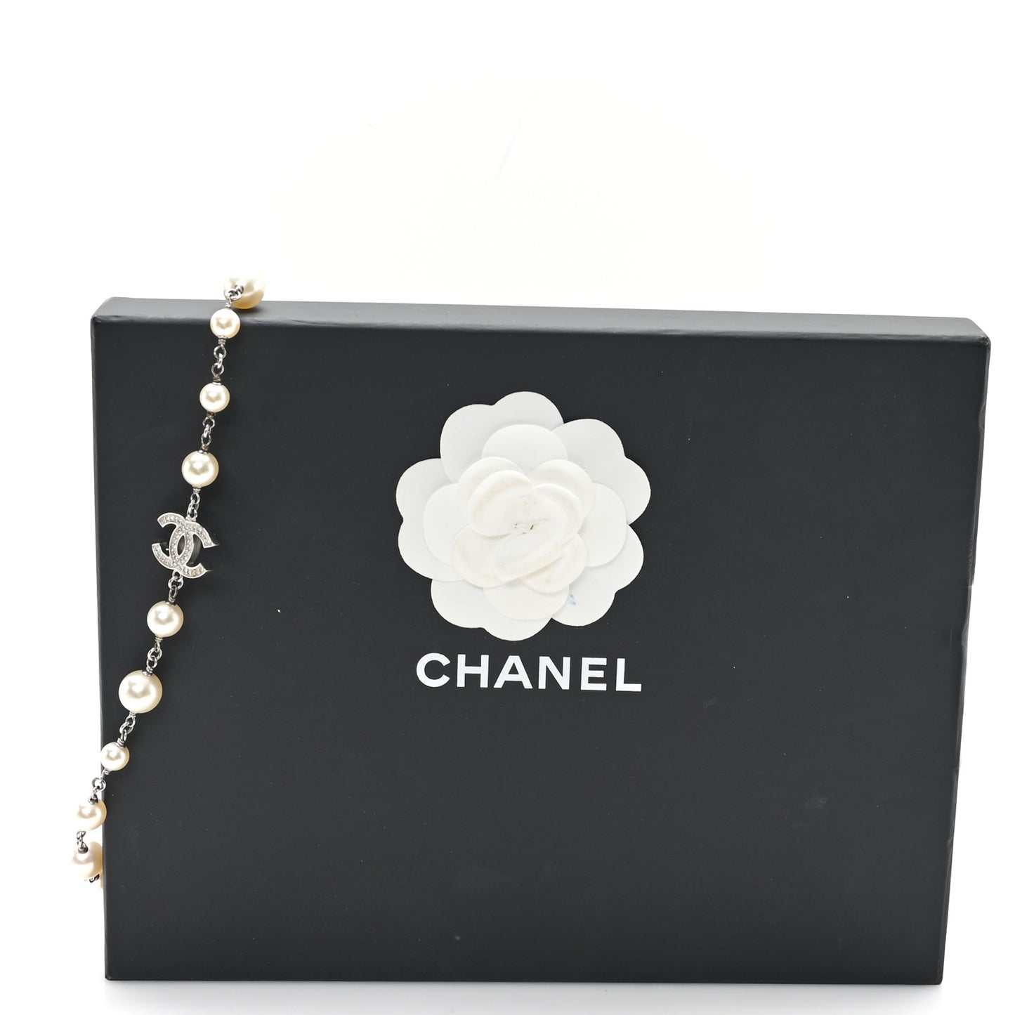 Crystal Pearl CC Long Necklace Silver