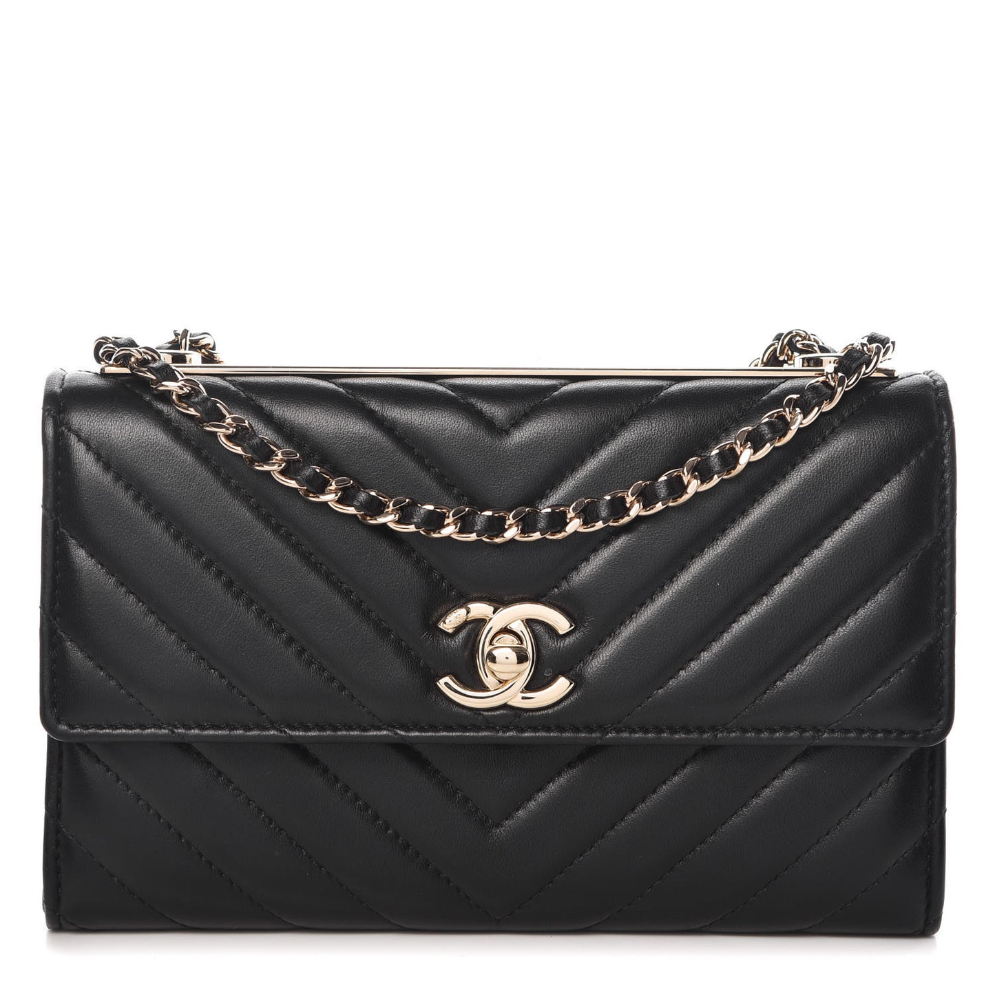 Lambskin Chevron Quilted Trendy CC Wallet On Chain WOC Black